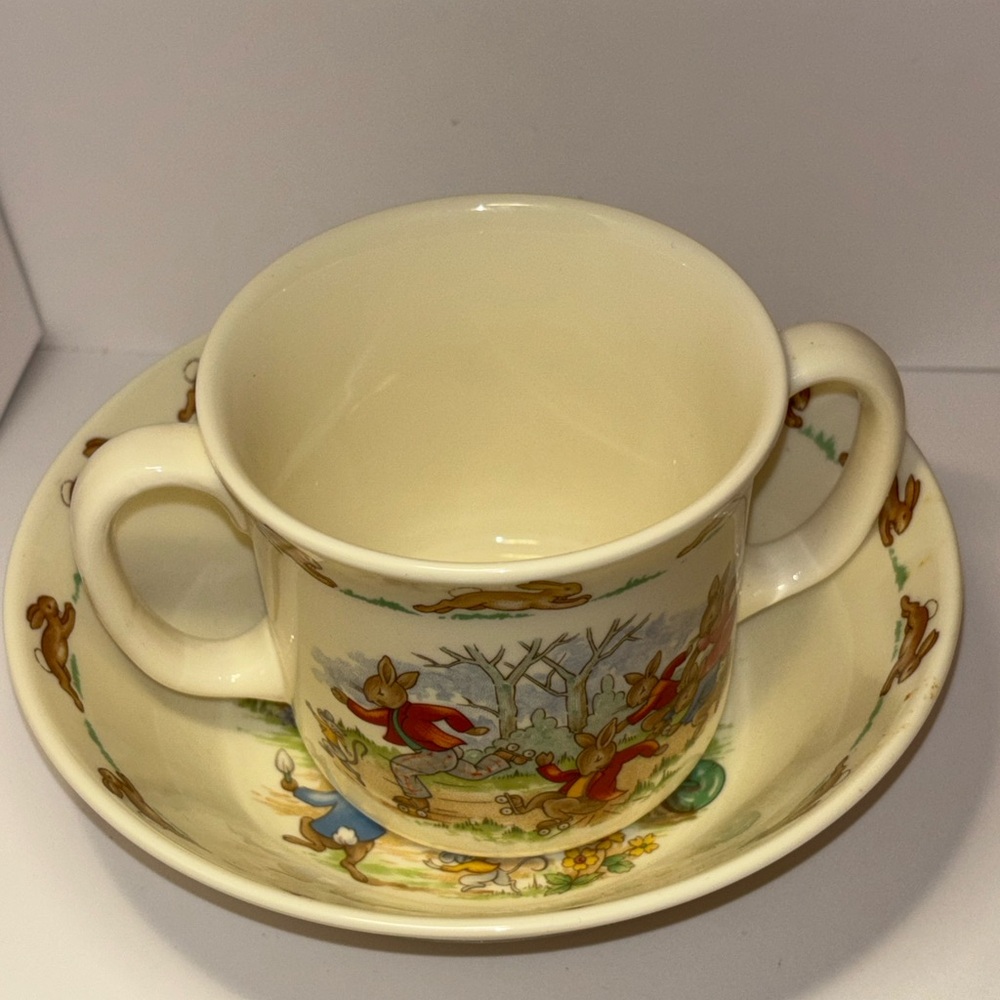 Whimsical Cream Children's Mug and bowl Set, Vintage Bunnykins set
